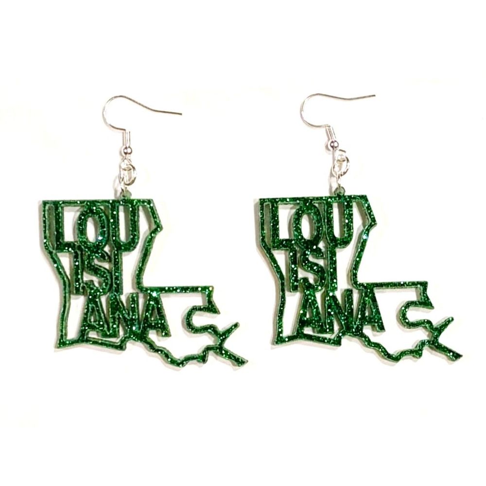 Acrylic Earrings - 1.75" x 2" - Louisiana - Ivy Green Glitter - E065-A13